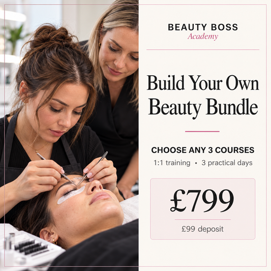 Illustrative training scene: student and tutor practising lash techniques. Beauty Boss Academy beginner bundle, choose three courses, £799 with £99 deposit